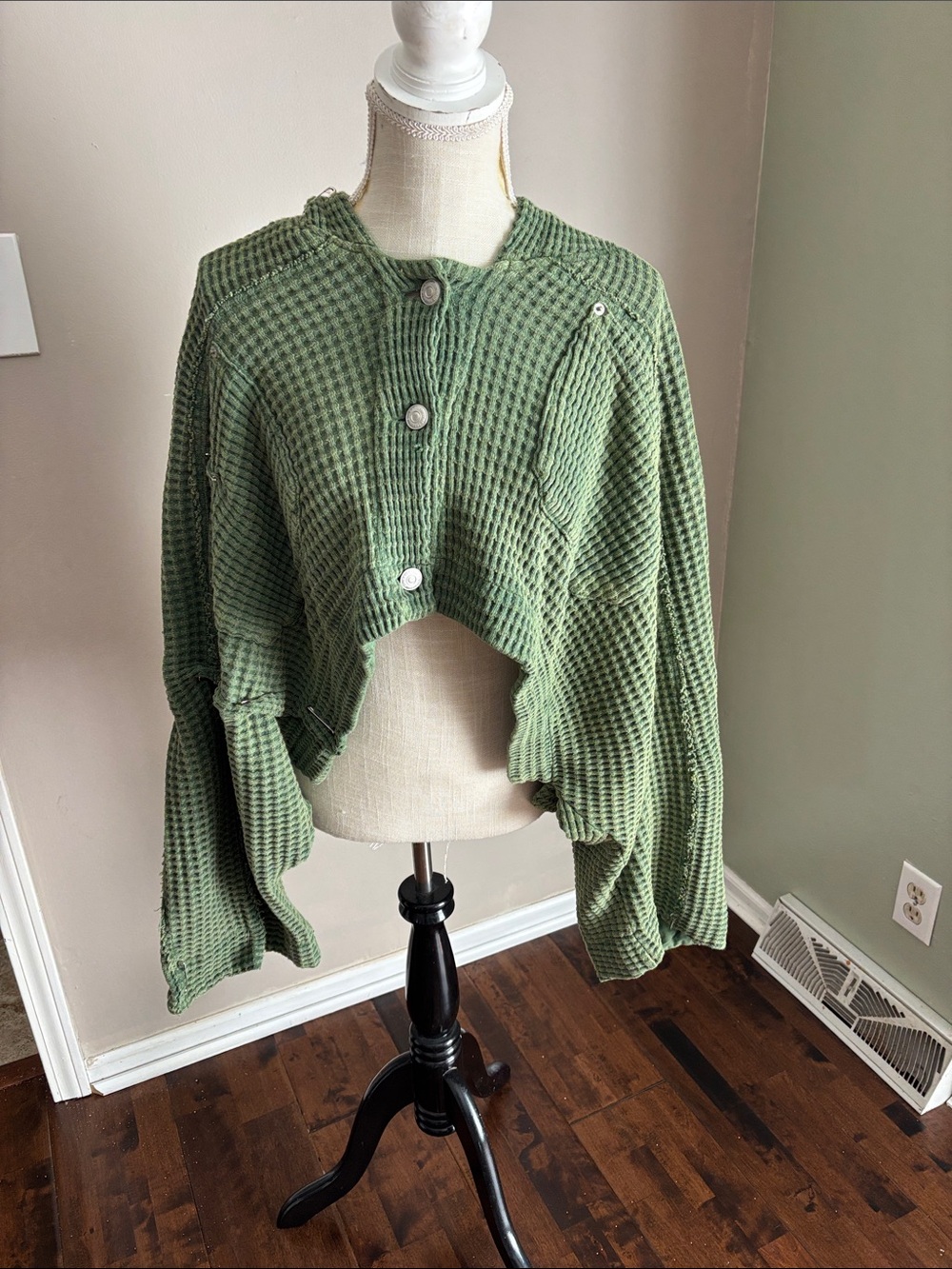 We The Free Olive Green Waffle-Knit Cropped Button Cardigan
